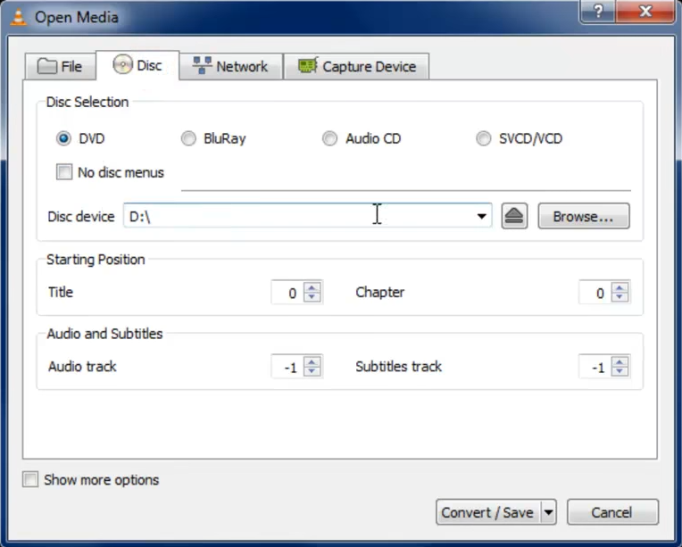 علامة تبويب Disc في VLC