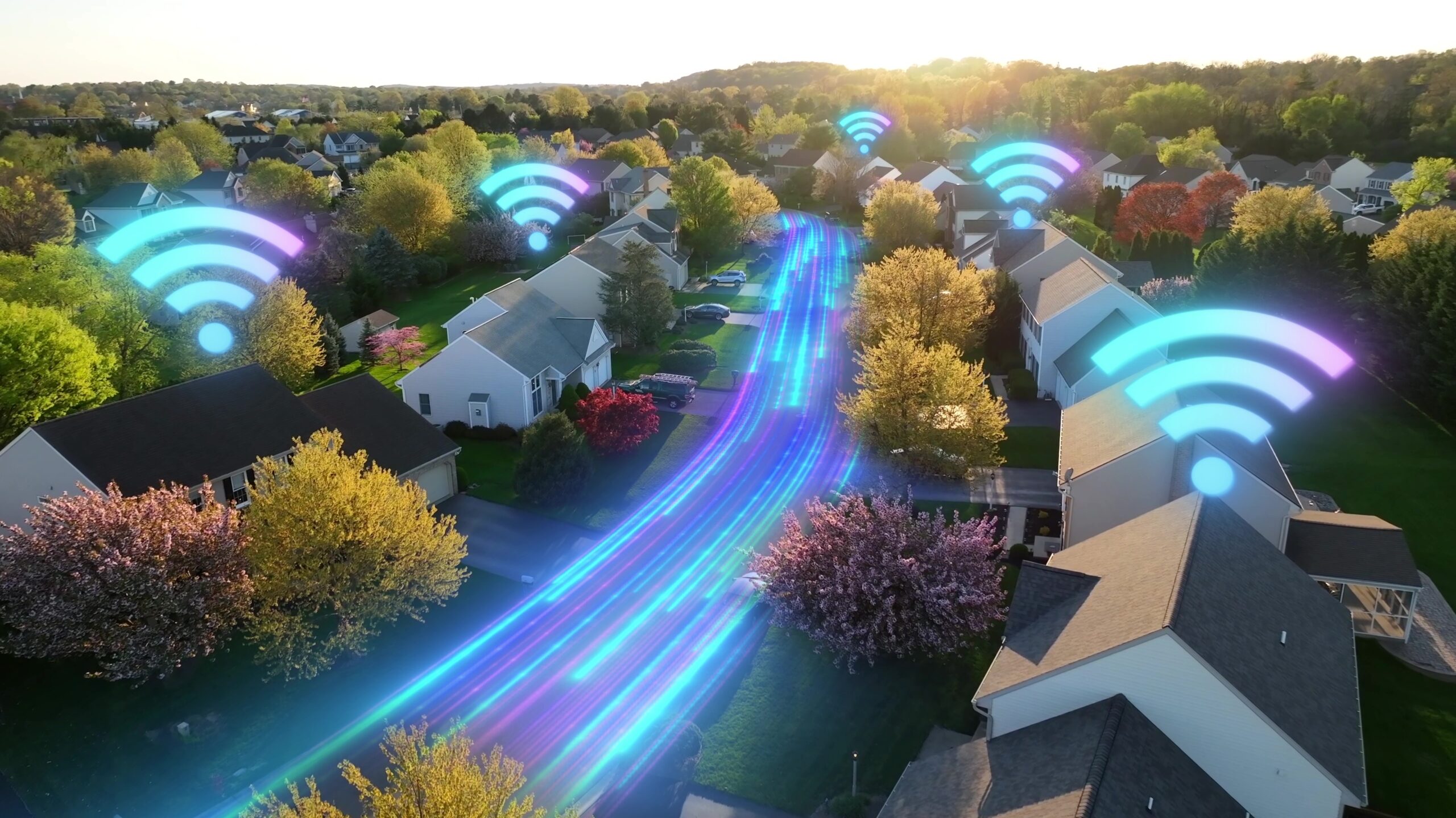 رموز Wi-Fi فوق منازل حديثة في حي مورق