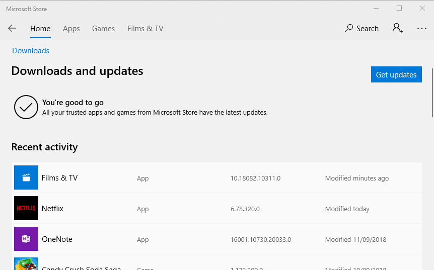 Screenshot van de knop 'Updates ontvangen' in de Microsoft Store voor de Hulu-app.