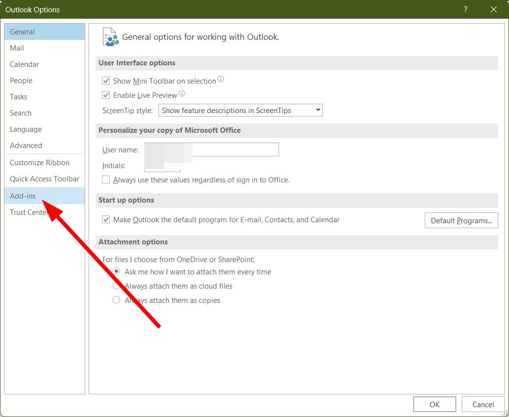 صورة توضح قسم Add-ins في إعدادات Outlook