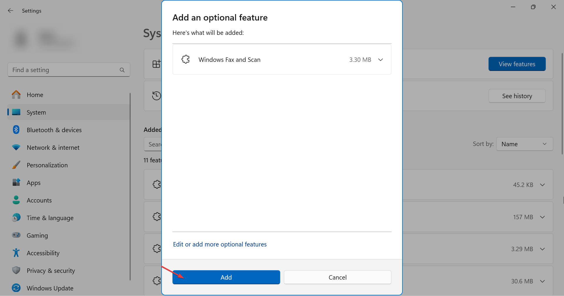 إضافة تطبيق اختياري Windows Fax and Scan