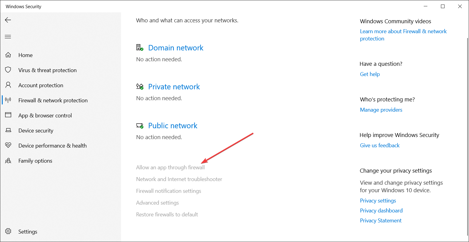نافذة السماح لتطبيق بالمرور عبر جدار الحماية في Windows