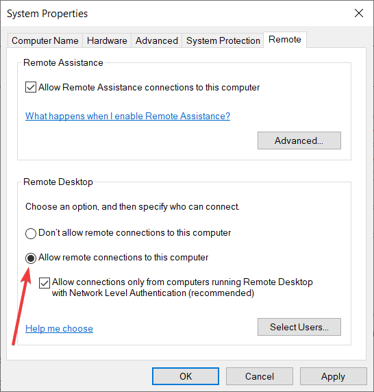 إعداد السماح بالاتصالات عن بُعد في Windows 10