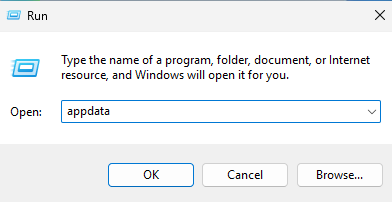 صورة توضح كتابة %appdata% في نافذة التشغيل على Windows 11