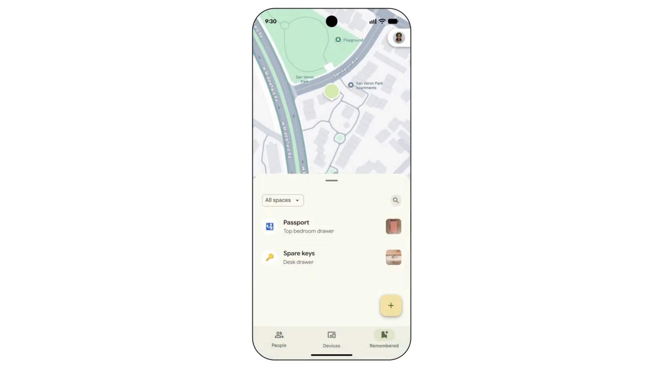 العناصر المتذكّرة في Find Hub
