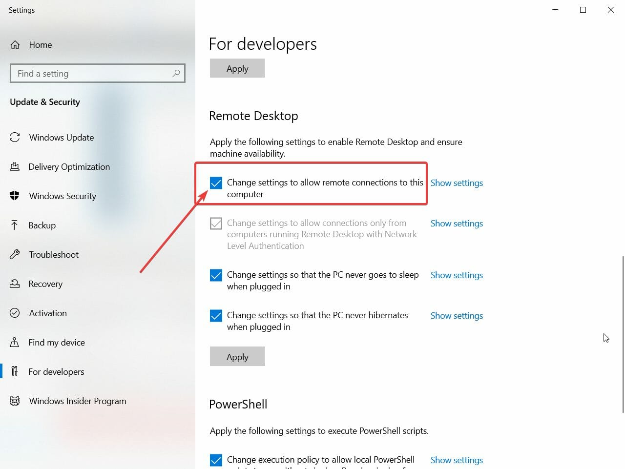 تفعيل خيار Change settings to allow remote connections to this computer