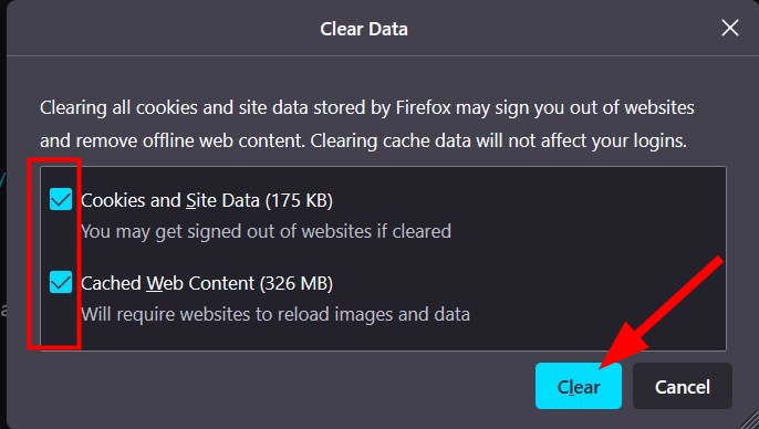 صورة توضح زر Clear في Firefox