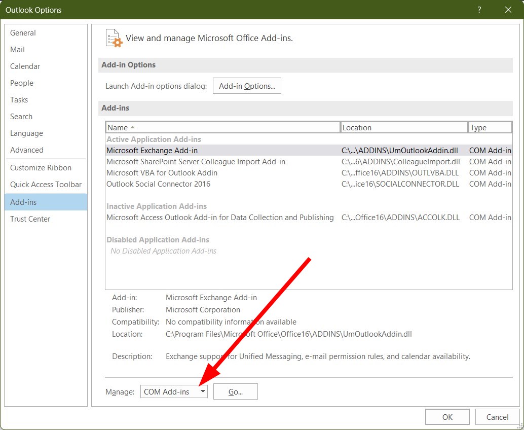 صورة توضح اختيار COM Add-ins من قائمة Manage