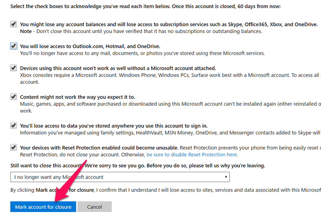 وضع علامة على الحساب للإغلاق في Microsoft