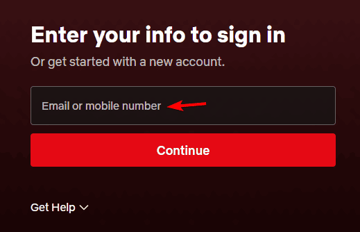 حقل إدخال البريد الإلكتروني أو رقم الهاتف في Netflix