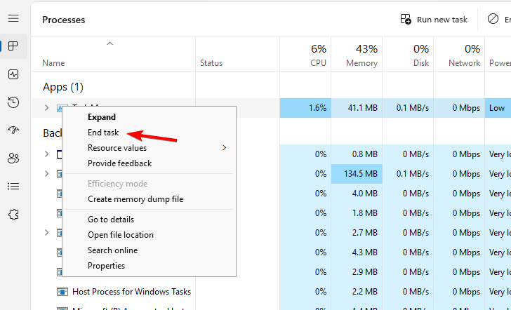 لقطة شاشة لمدير المهام في Windows 11 تظهر كيفية إنهاء مهمة Ubisoft Connect.