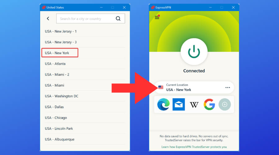 ExpressVPN maakt verbinding met een Amerikaanse server.