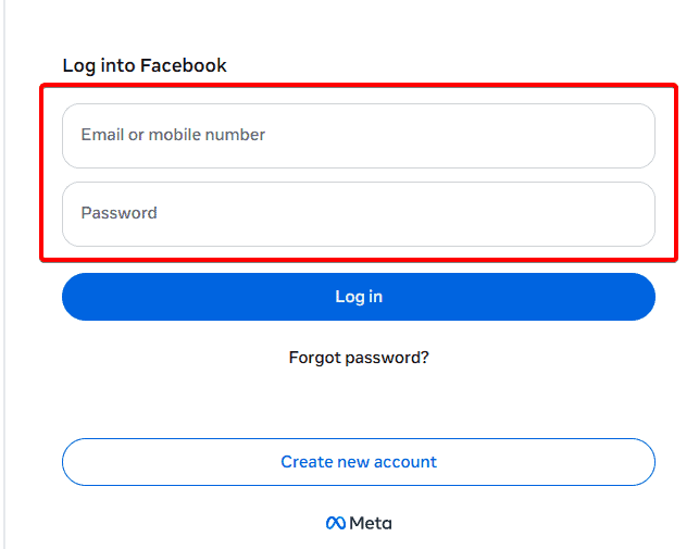 حقل إدخال معلومات تسجيل الدخول إلى Facebook