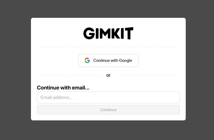 لقطة شاشة لصفحة تسجيل الدخول إلى Gimkit