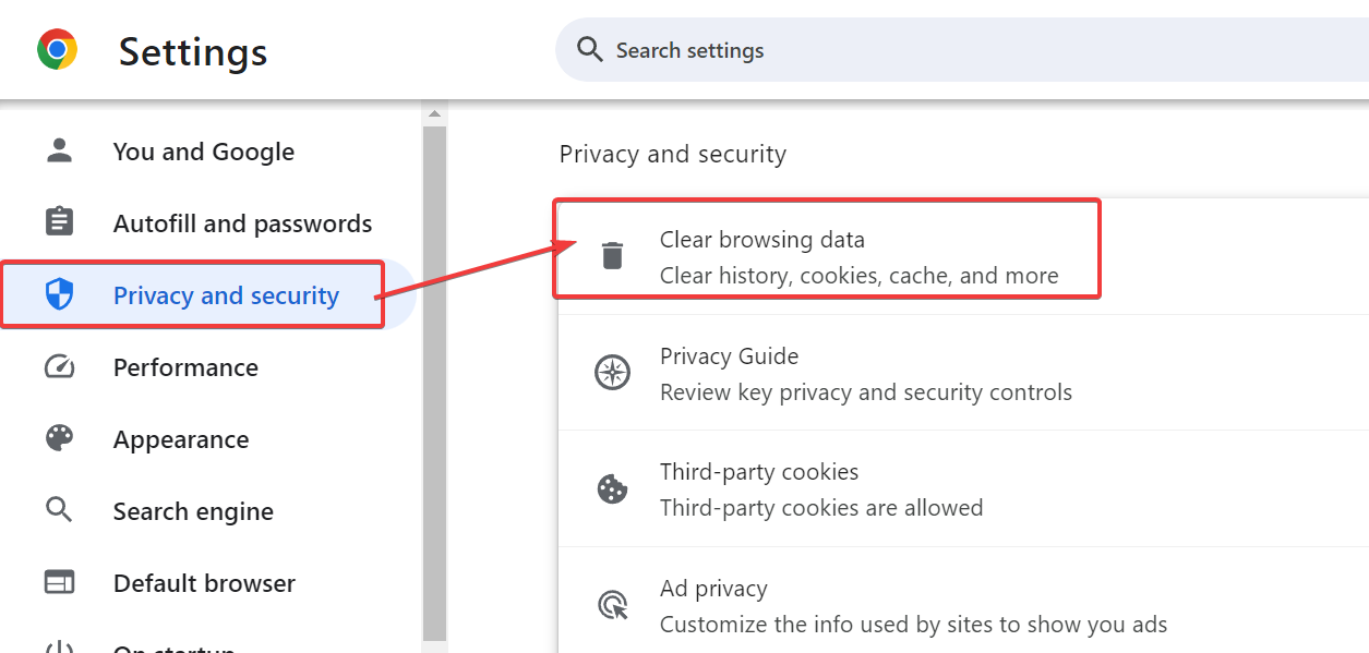 نافذة مسح بيانات التصفح في Google Chrome