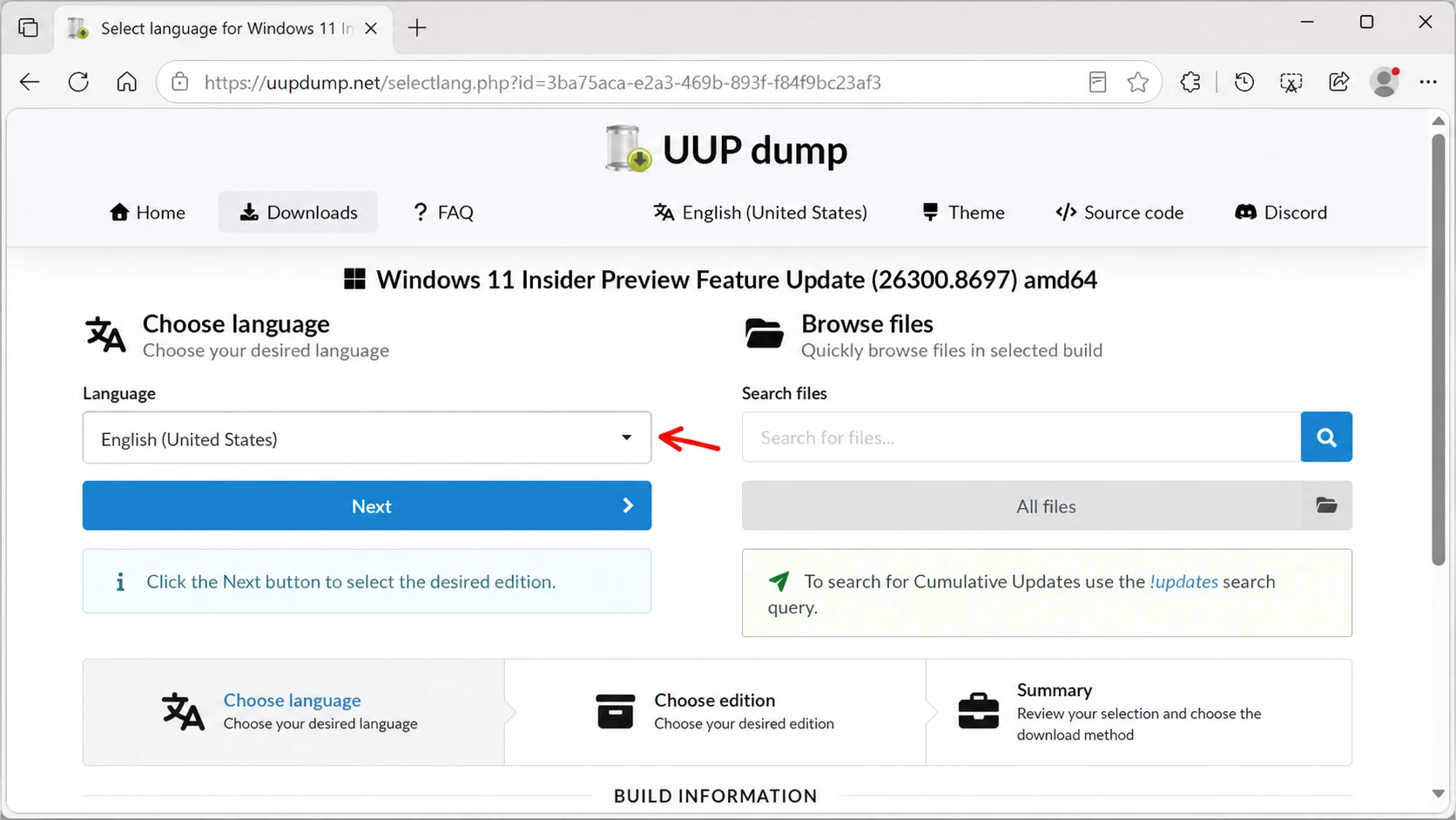 اختيار لغة ISO لـ UUP Dump 26H2