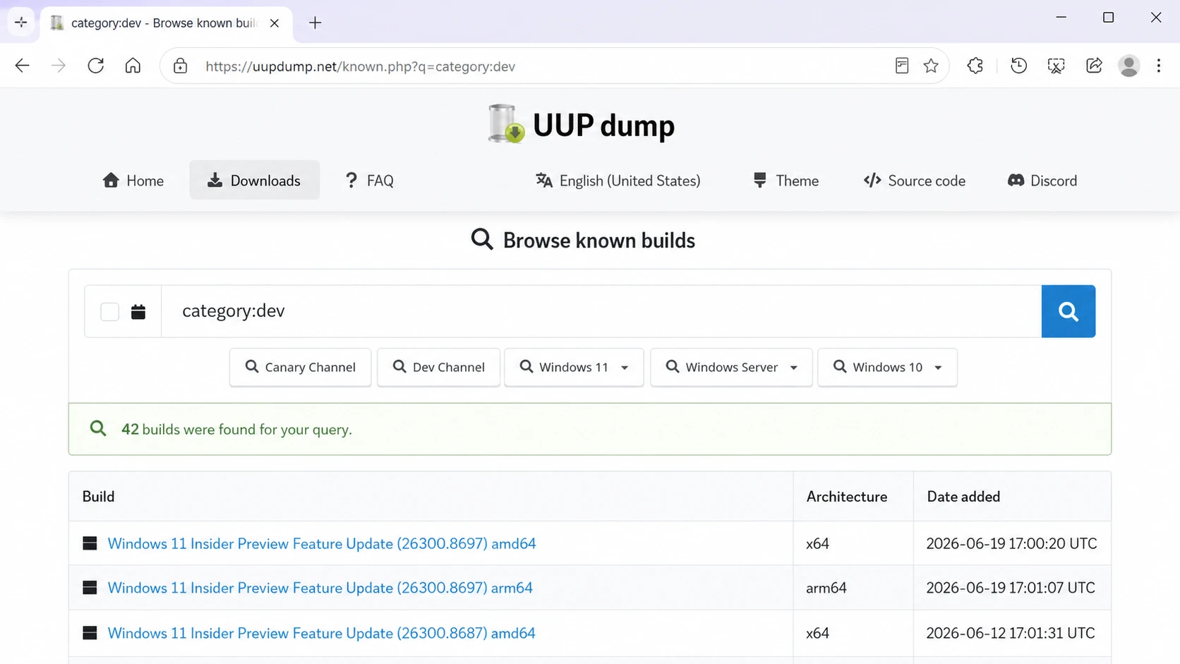 صفحة تحميل UUP Dump 26H2