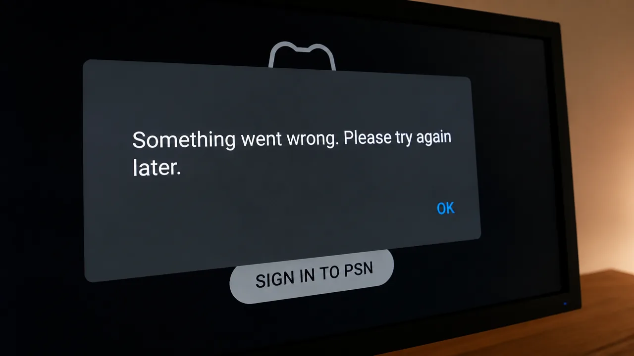 شاشة تسجيل الدخول إلى PlayStation تظهر مربع حوار خطأ "حدث خطأ ما" مع زر موافق