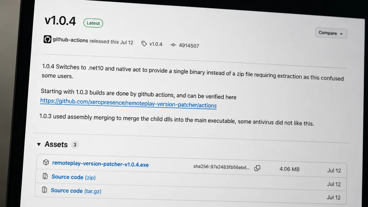 صفحة إصدار GitHub مع ملف remoteplay-version-patcher القابل للتنفيذ والمدرج ضمن الأصول