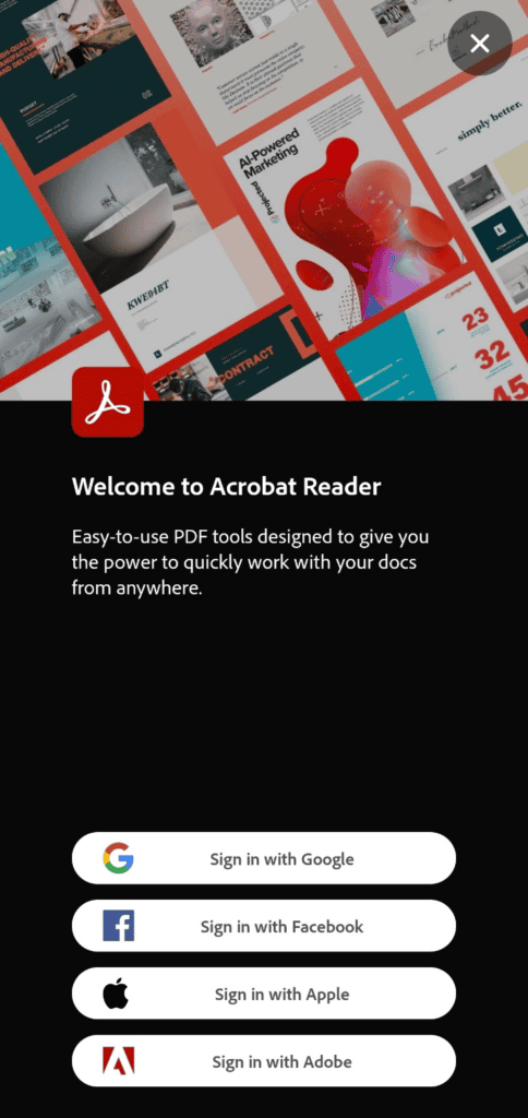 صورة توضيحية لعملية تسجيل الدخول إلى Adobe Acrobat