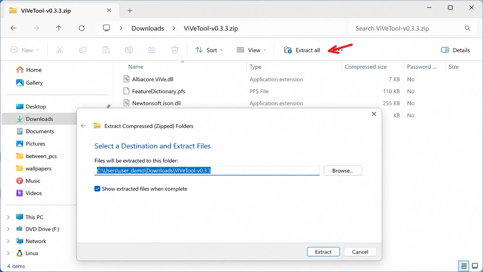 استخراج ملف ViVeTool المضغوط