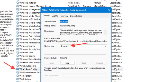 لقطة شاشة لخدمة WLAN AutoConfig في Windows 11