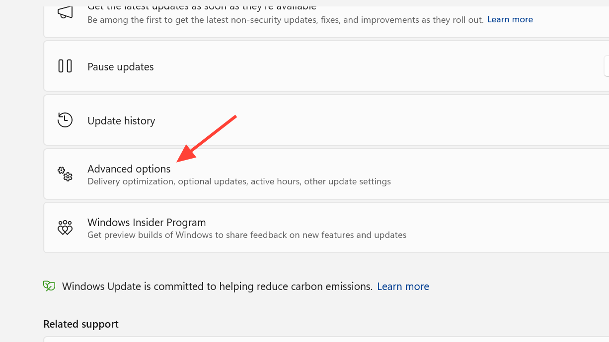واجهة Windows Update تظهر خيار Advanced options.