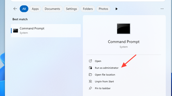 صورة توضح كيفية فتح موجه الأوامر كمسؤول في Windows 11