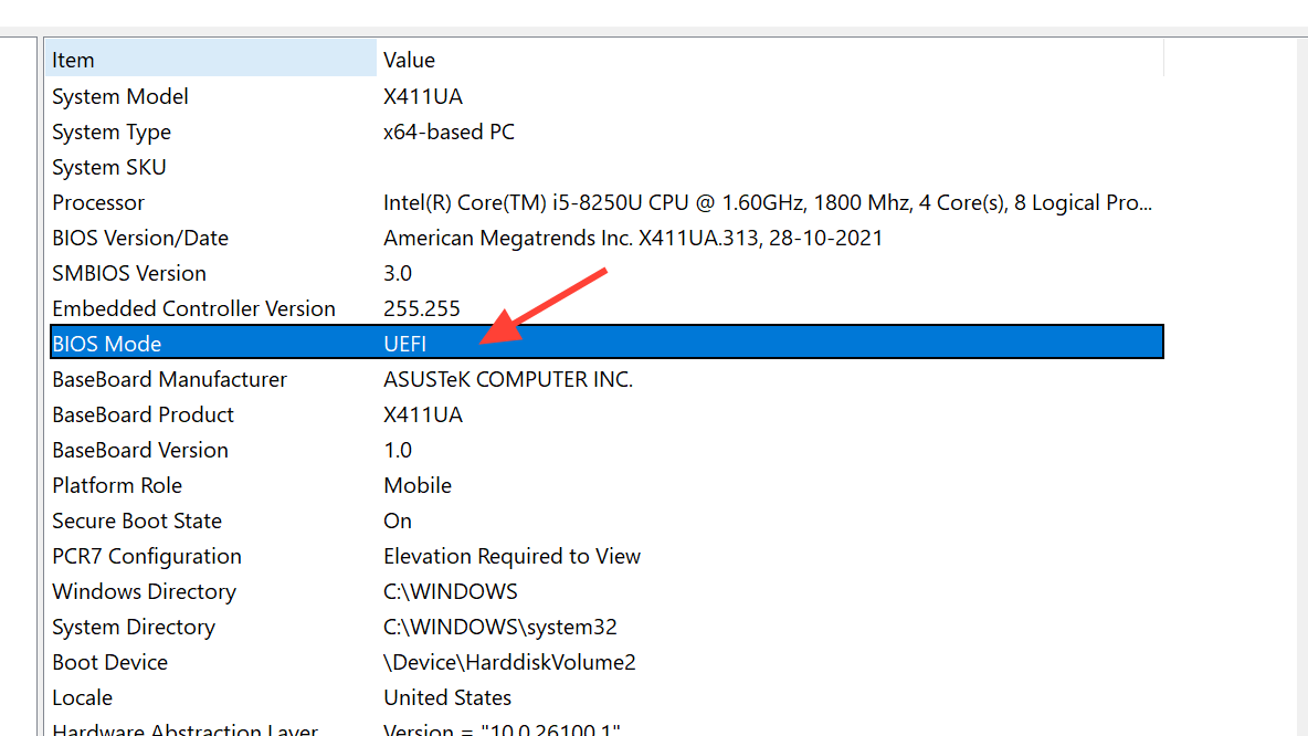 نافذة System Information تظهر BIOS Mode و BIOS Version/Date.