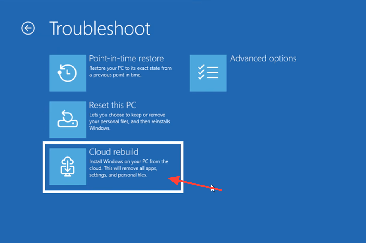 لقطة شاشة لخيارات Cloud rebuild في بيئة استرداد Windows