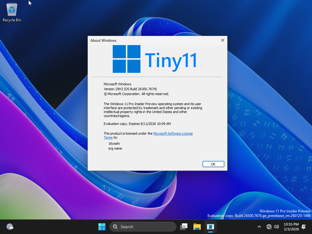 لقطة شاشة تظهر واجهة Tiny11 26H2