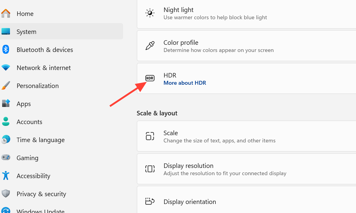 صورة توضيحية لإعدادات HDR في Windows 11