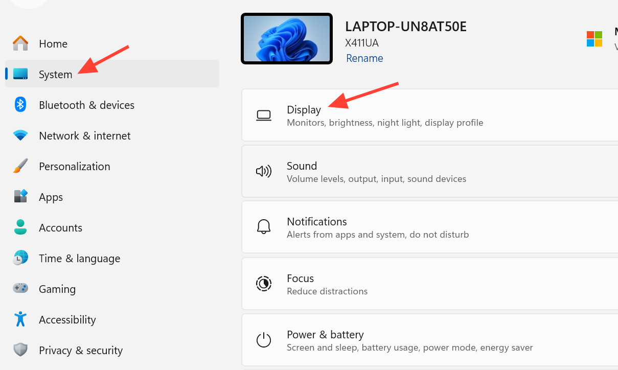 لقطة شاشة لخيارات العرض في Windows 11