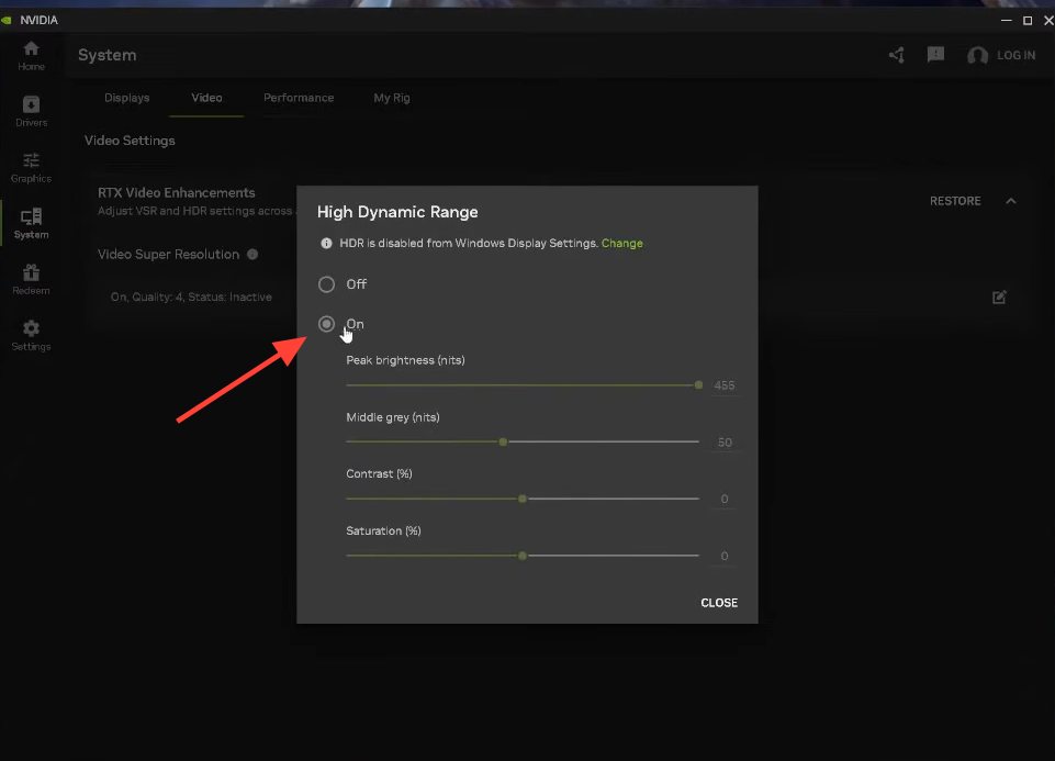 صورة توضيحية لإعدادات RTX HDR في تطبيق NVIDIA
