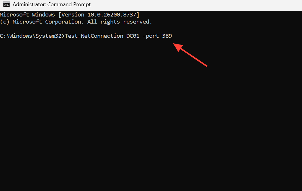 لقطة شاشة توضح نتيجة الأمر Test-NetConnection لمنفذ LDAP.