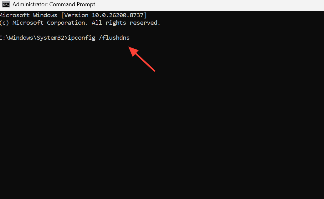 لقطة شاشة توضح نتيجة الأمر ipconfig /flushdns.