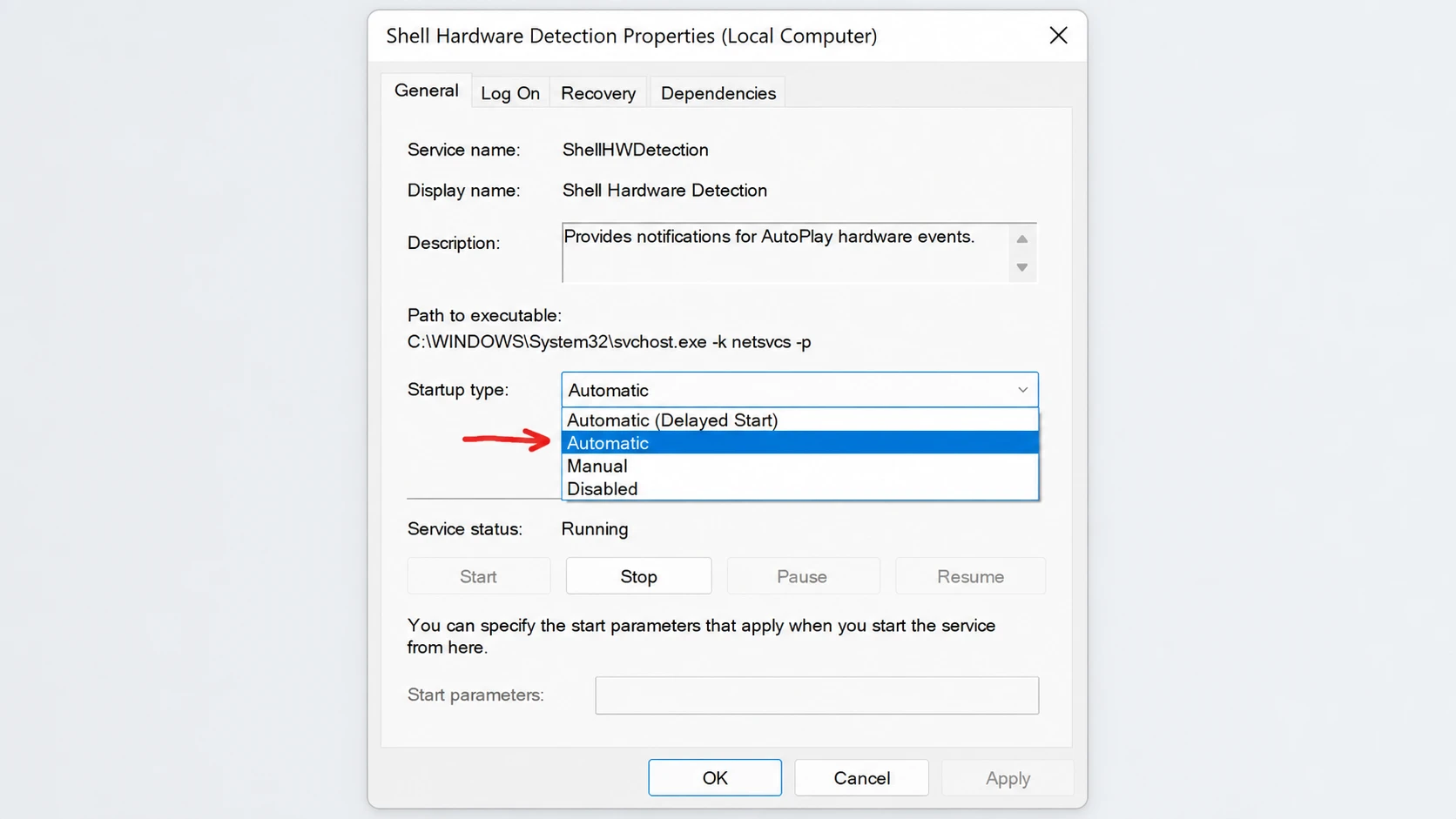 تغيير إعدادات خدمة Shell Hardware Detection