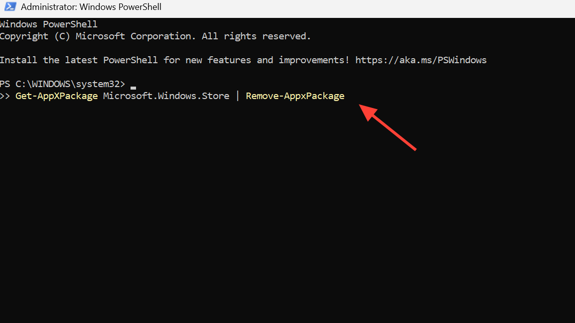 لقطة شاشة لأمر إزالة حزمة متجر Microsoft Store في PowerShell