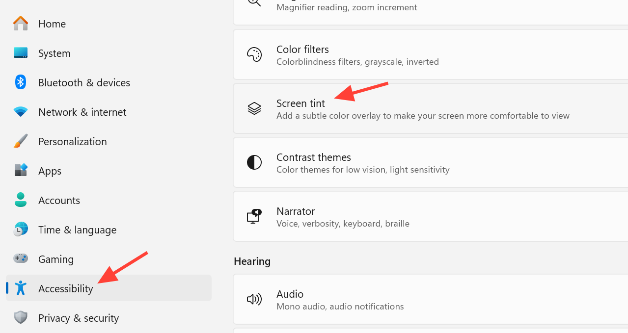 لقطة شاشة توضح مسار الوصول إلى Screen Tint ضمن إعدادات تسهيل الاستخدام في Windows 11