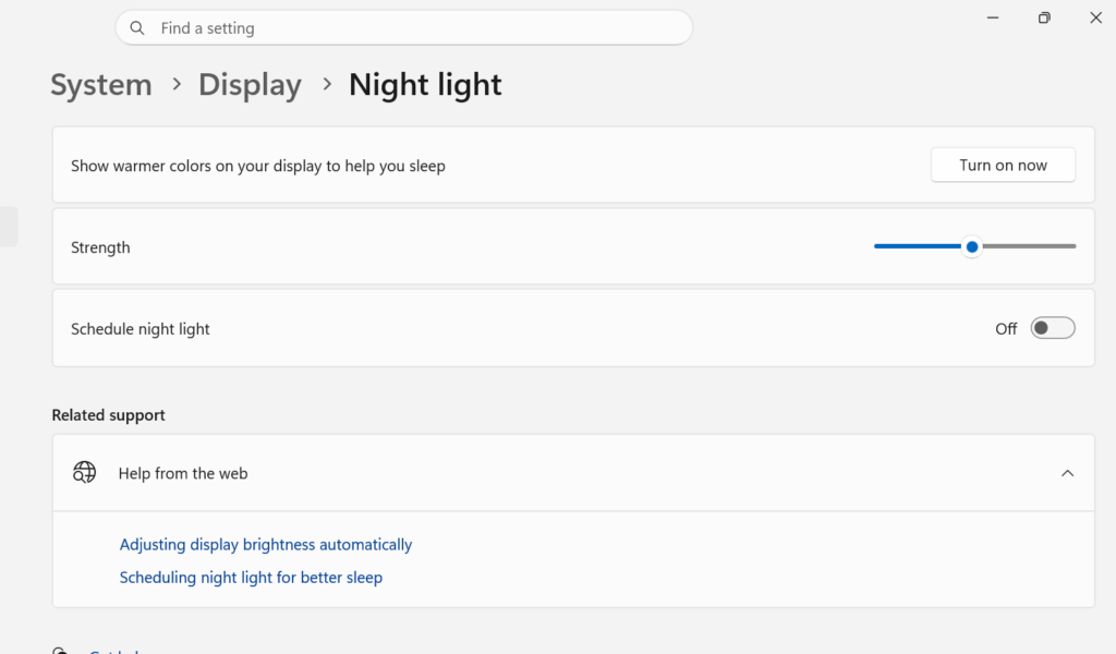 جدول يوضح مقارنة بين Screen Tint و Night Light و Color Filters