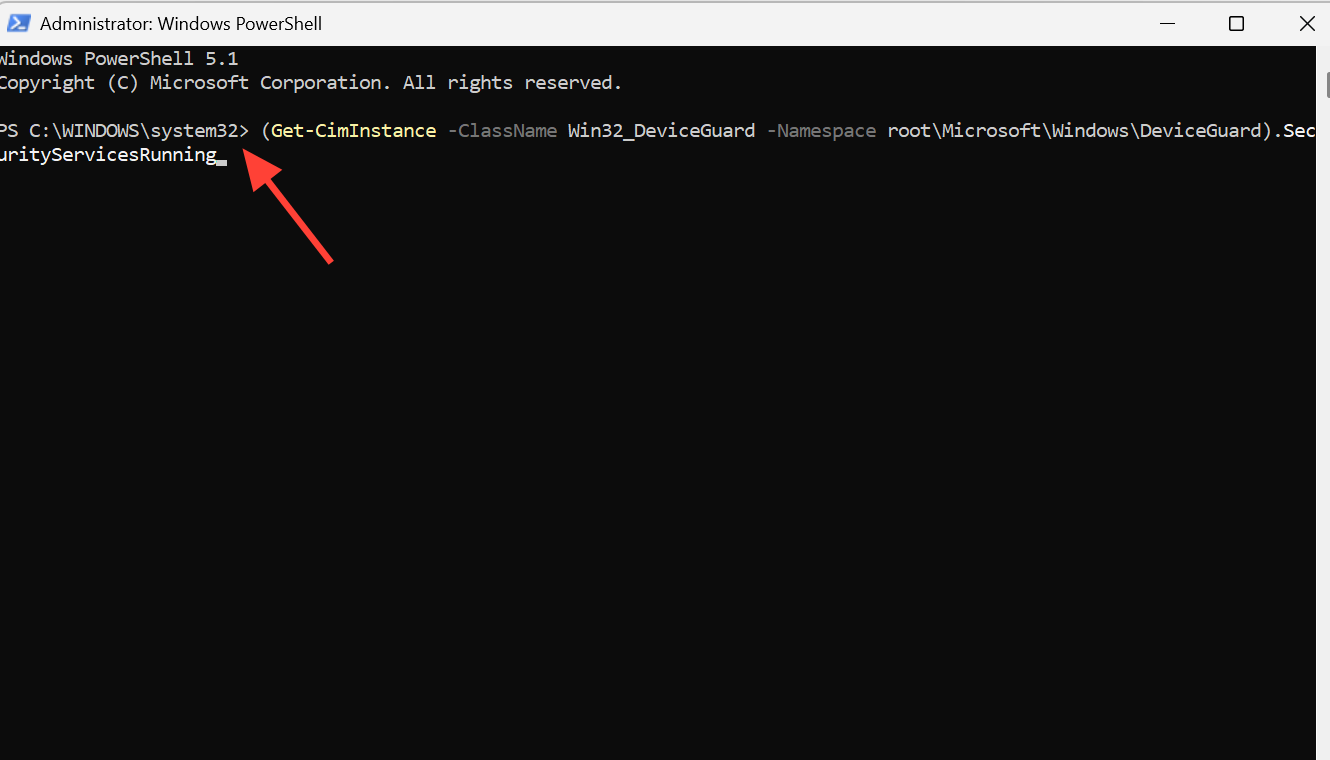 لقطة شاشة تعرض نتيجة أمر PowerShell للتحقق من حالة Credential Guard