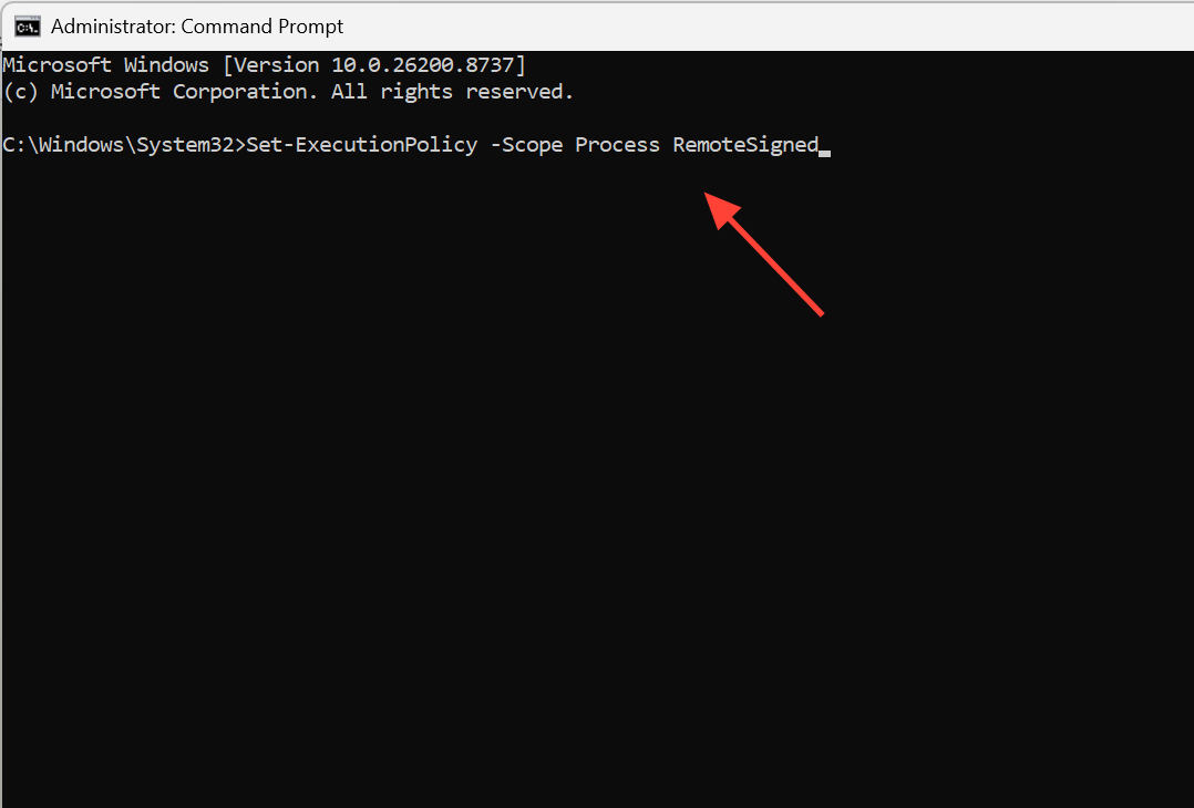 لقطة شاشة لأمر Set-ExecutionPolicy في PowerShell.