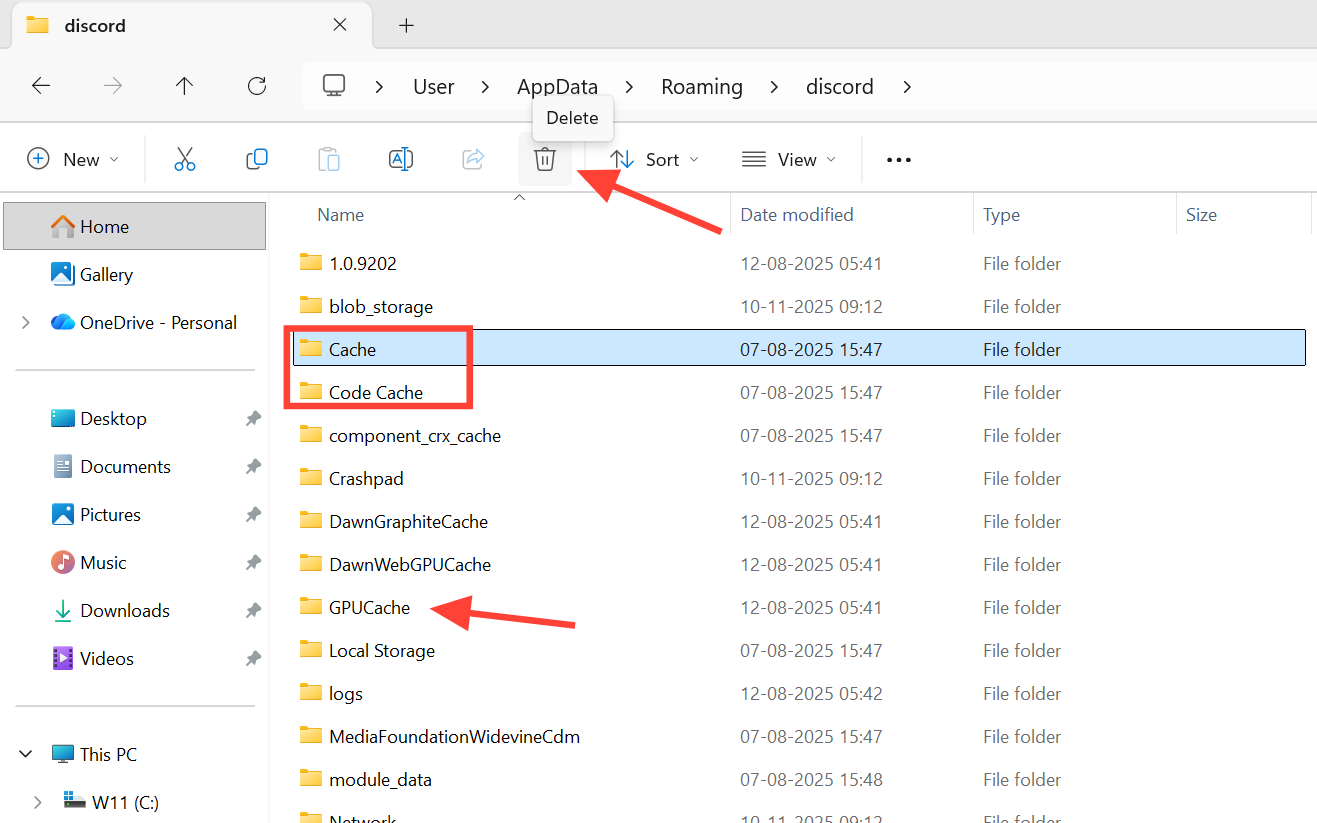 مجلد Discord في Windows 11 يظهر مجلدات Cache و Code Cache و GPUCache.