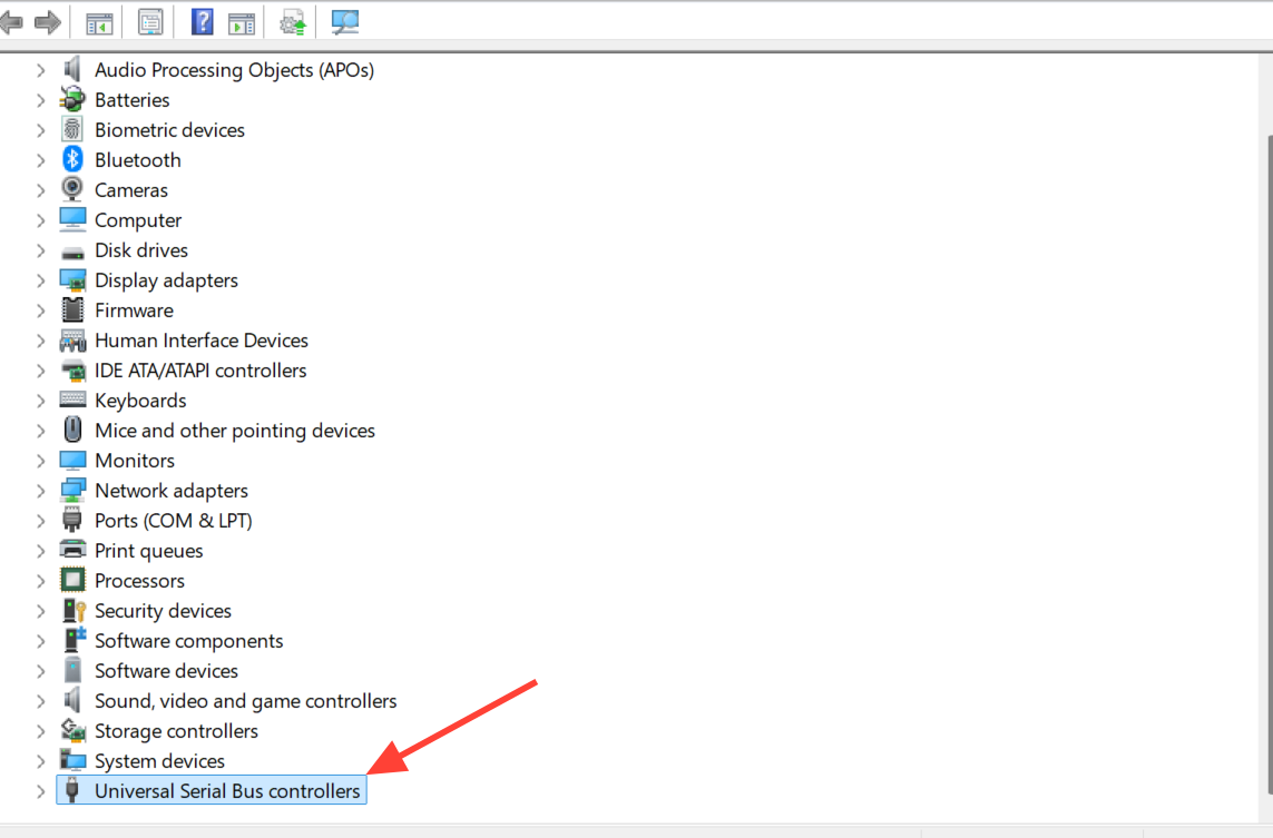 لقطة شاشة لـ Device Manager في Windows 11 مع توسيع Universal Serial Bus controllers.