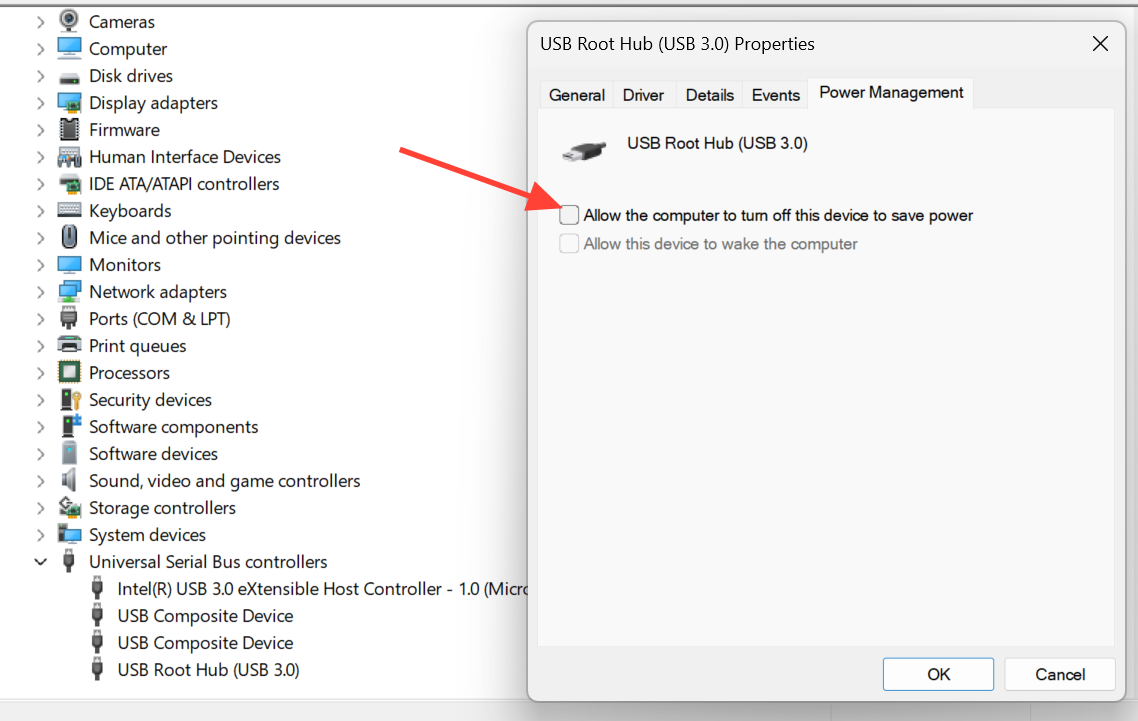 لقطة شاشة لإعدادات Power Management لـ USB Root Hub في Windows 11 مع إلغاء تحديد خيار توفير الطاقة.