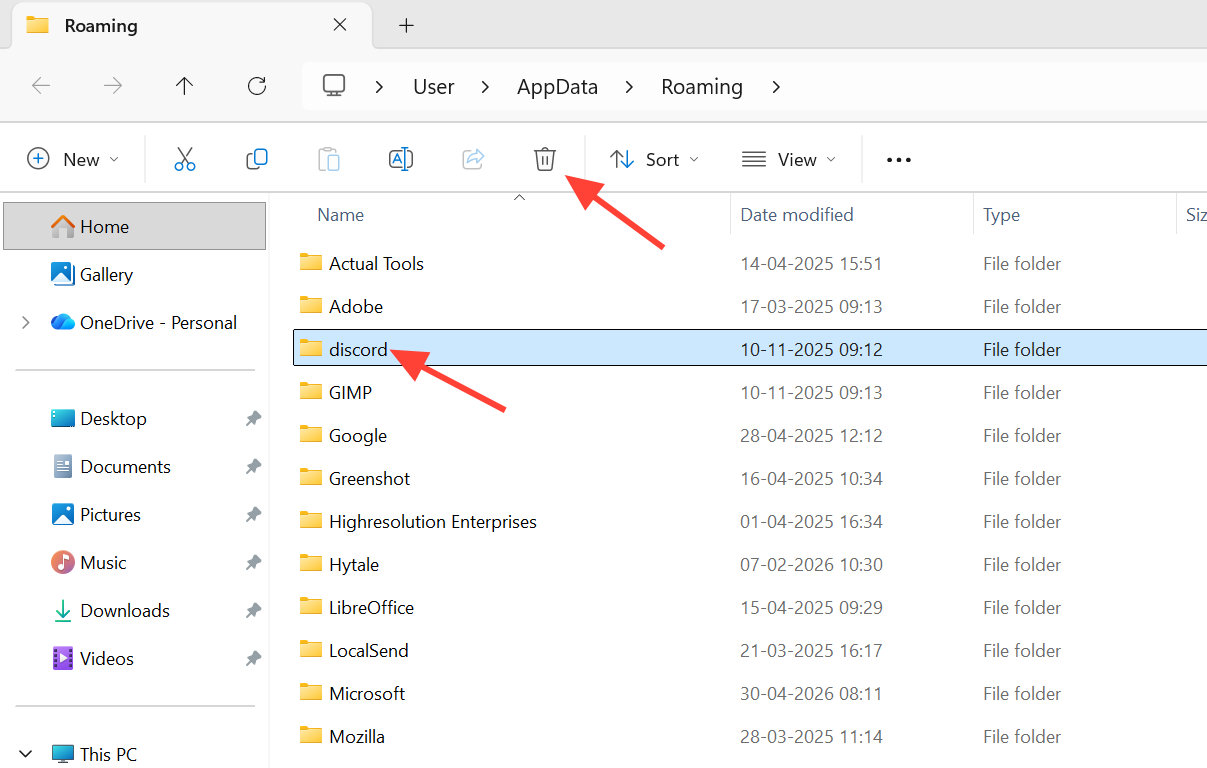 لقطة شاشة لمجلدات Discord في AppData.