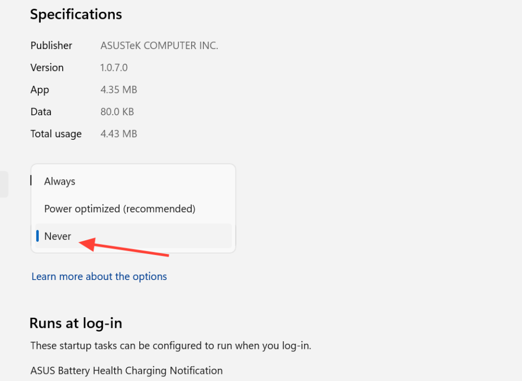 لقطة شاشة لإعدادات أذونات تطبيقات الخلفية في Windows 11