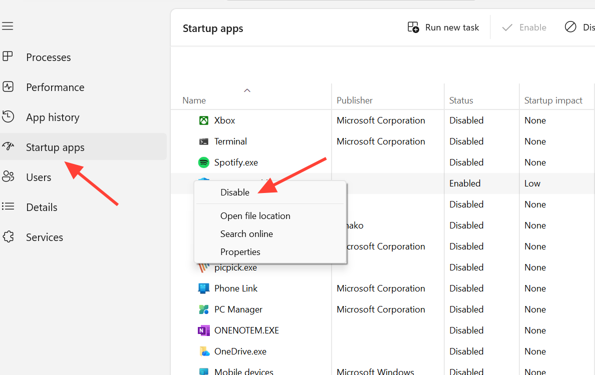 لقطة شاشة لمدير المهام (Task Manager) في Windows 11 تعرض علامة التبويب Startup apps مع خيار Disable.