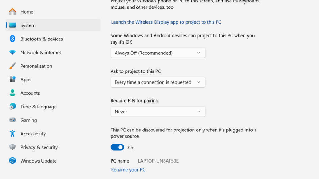 شاشة لابتوب تعرض خيار الاتصال بشاشة لاسلكية في Windows