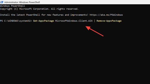 إزالة حزمة MicrosoftWindows.Client.AIX باستخدام PowerShell